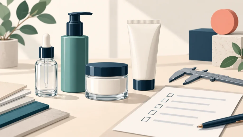 Illustrated unbranded cosmetic bottles, jar and tube beside a packaging checklist and calipers