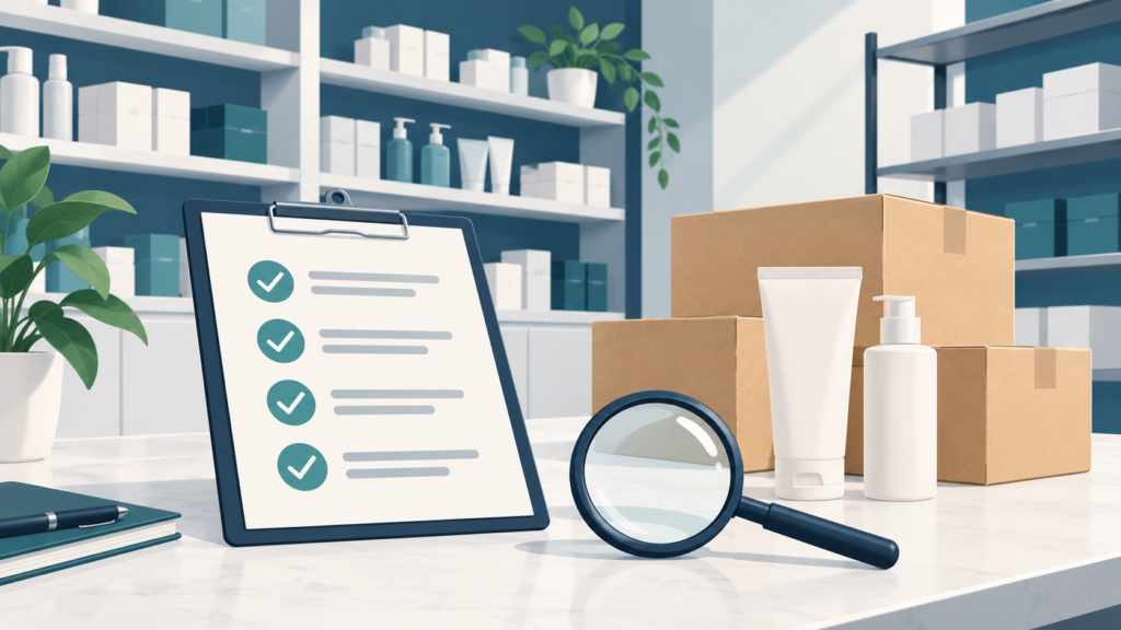 Product checklist beside unbranded skincare containers and delivery cartons