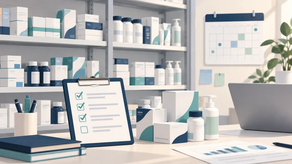 Illustrated stock shelves with unbranded packs, a checklist and a planning calendar