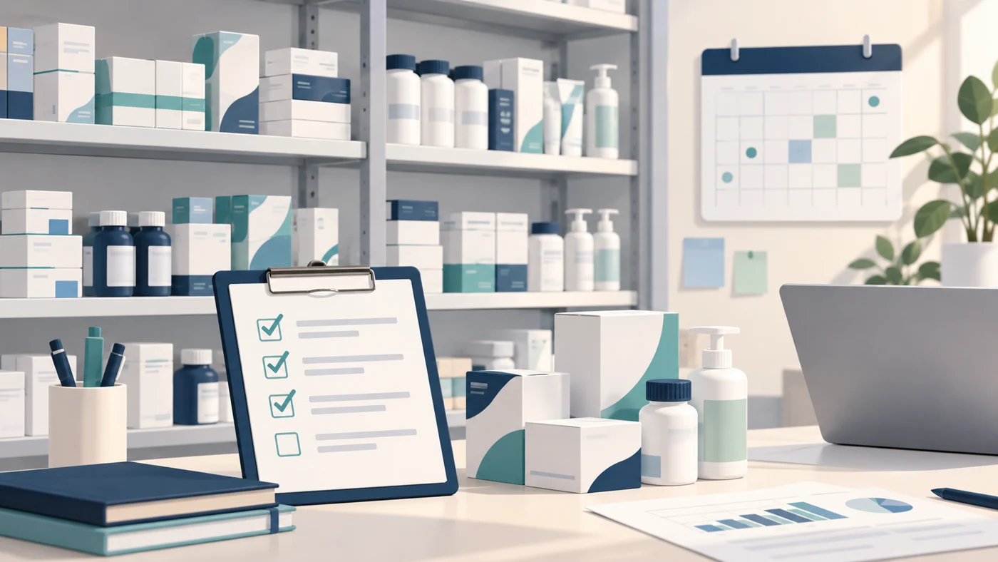 Illustrated stock shelves with unbranded packs, a checklist and a planning calendar